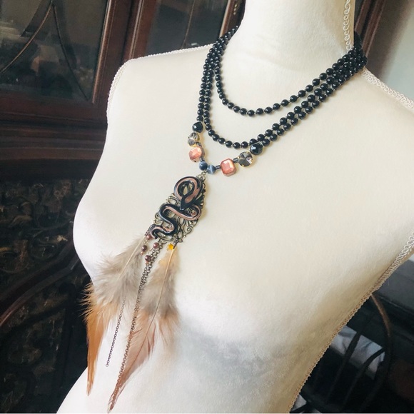 Handcrafted filigree snake Czech Pearl genuine onyx gemstone clasp necklace - Picture 2 of 12